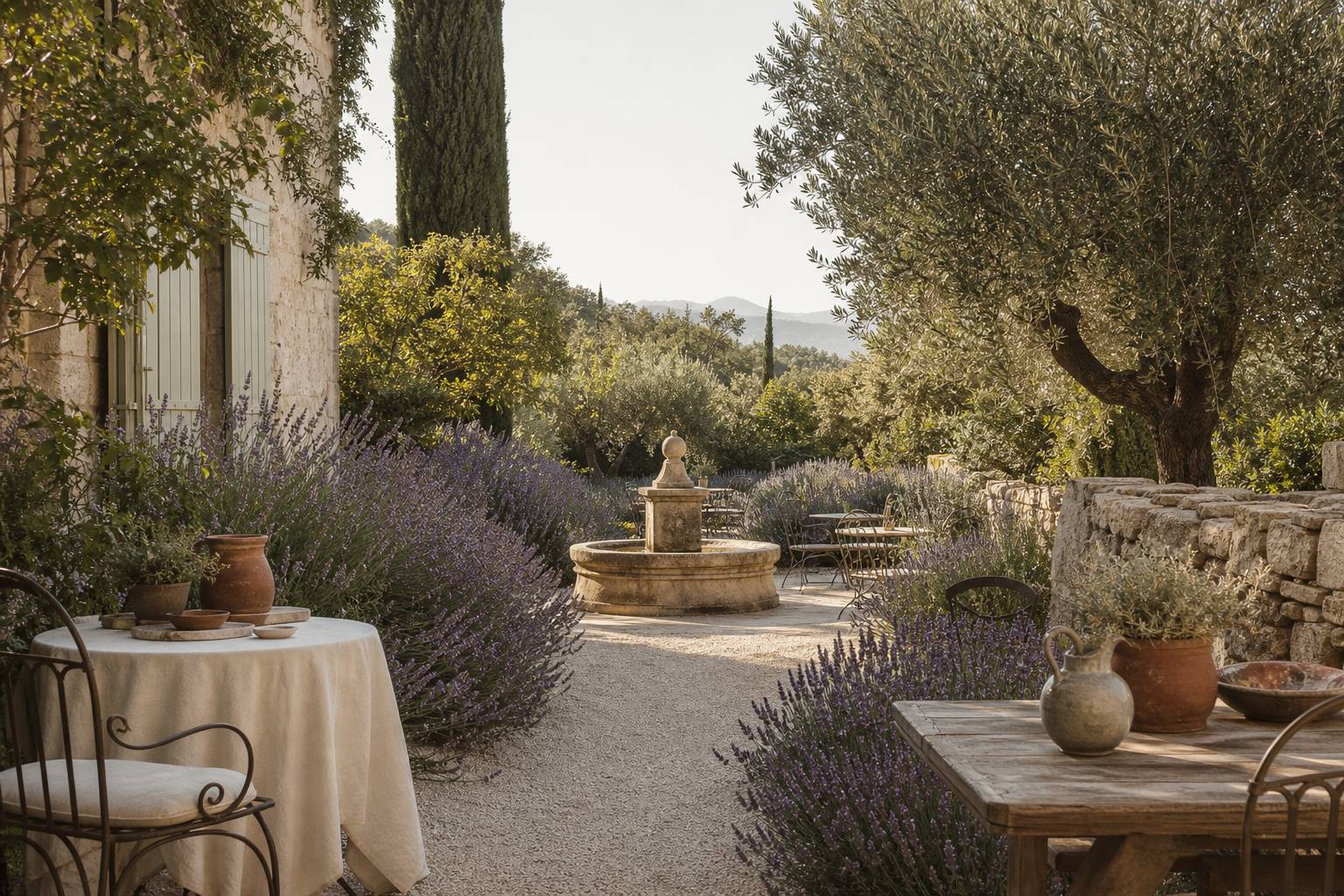 Allée de jardin provençal bordée de lavande avec fontaine en pierre