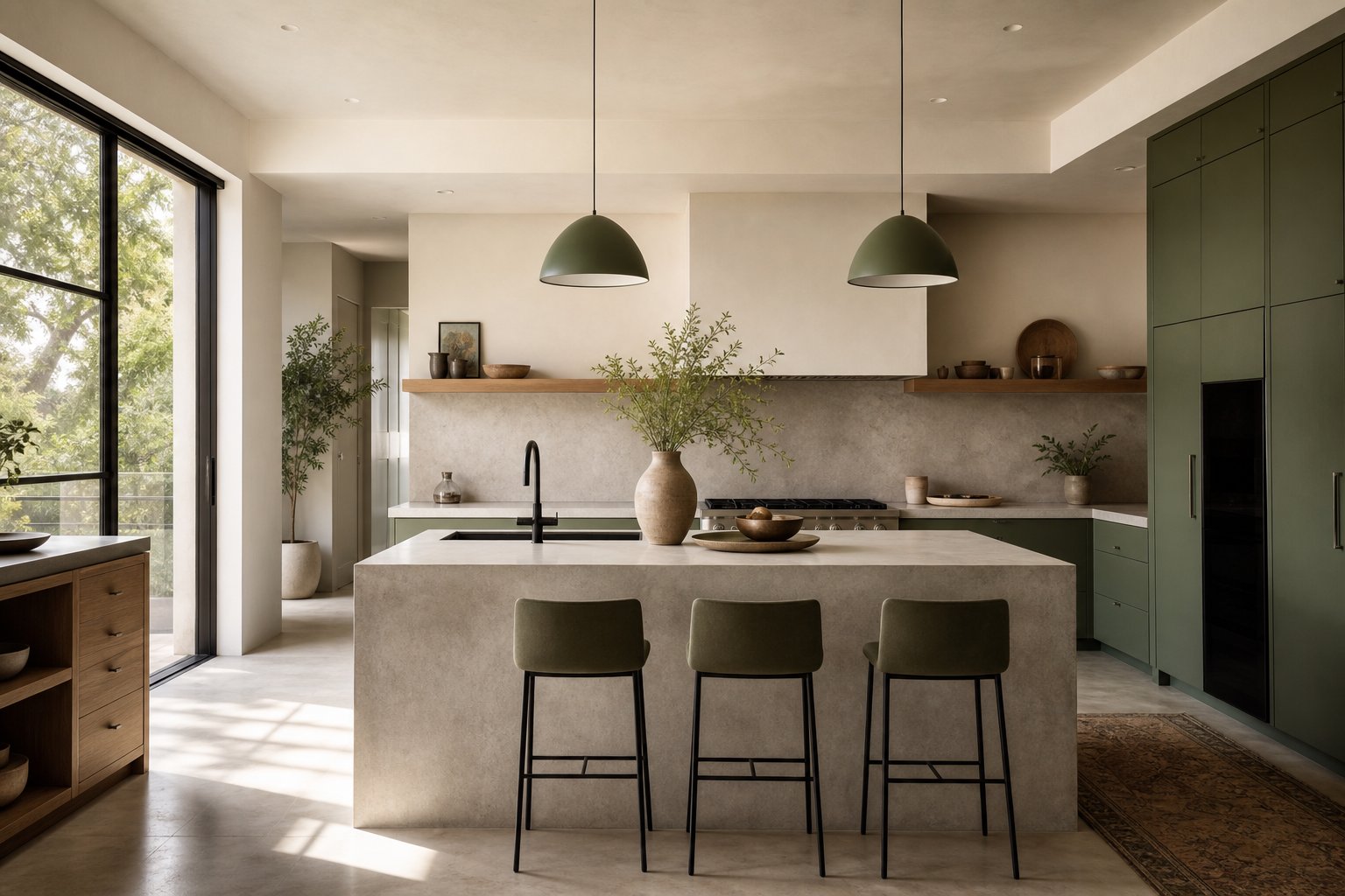 Vue large d'une cuisine contemporaine lumineuse avec îlot central en béton ciré