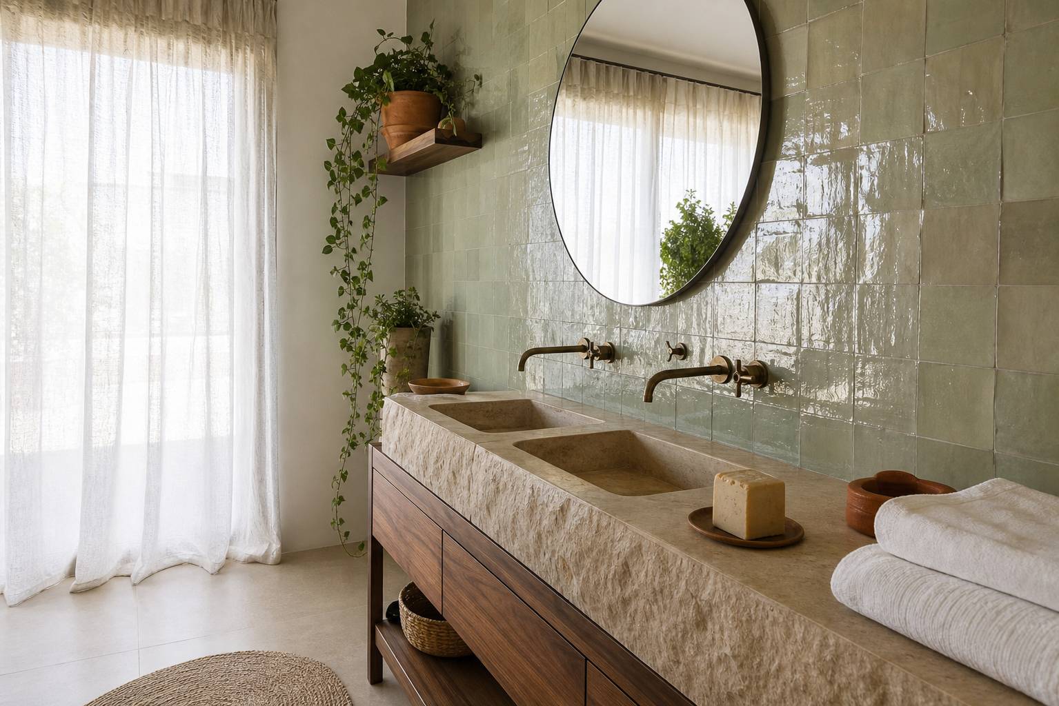 Carrelage zellige vert sauge vasque double en pierre et plantes vertes