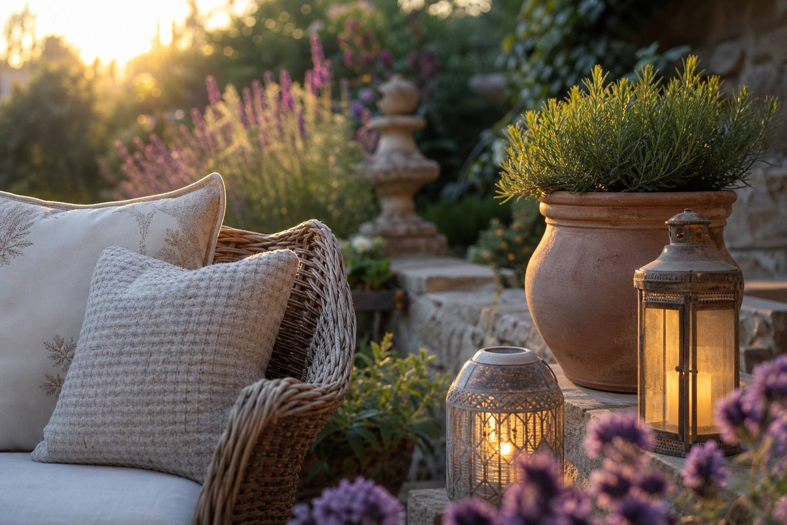 Décoration de jardin avec coussins texturés, lanternes et poteries en terre cuite