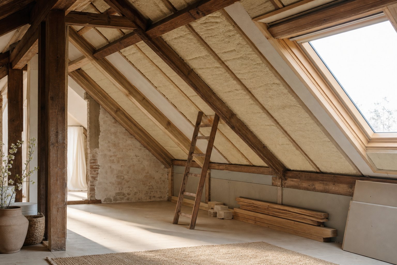Isolation entre poutres de toit lors de la renovation de combles, travaux