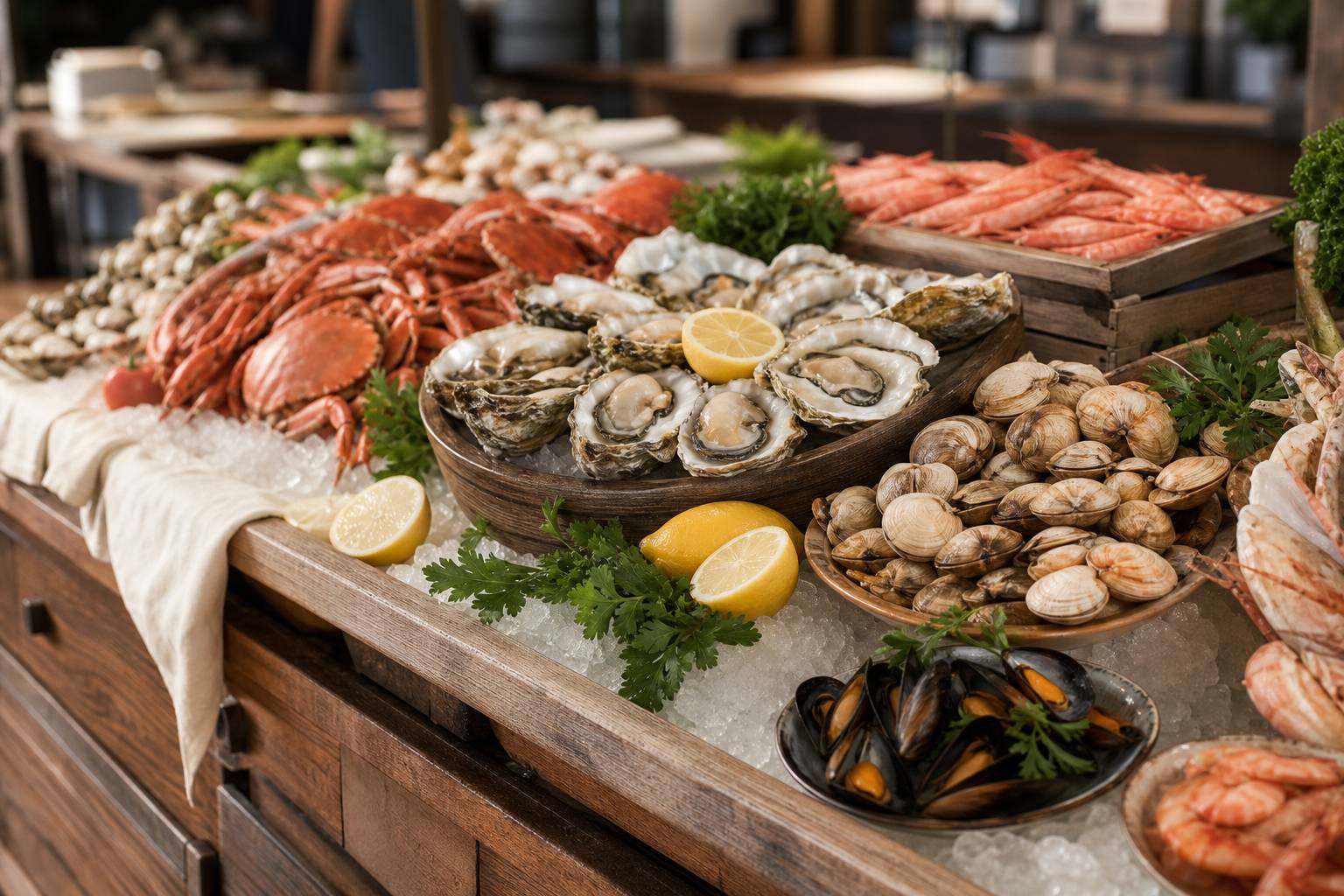 Stand de fruits de mer sur un marche avec plateaux de coquillages sur glace citrons et persil