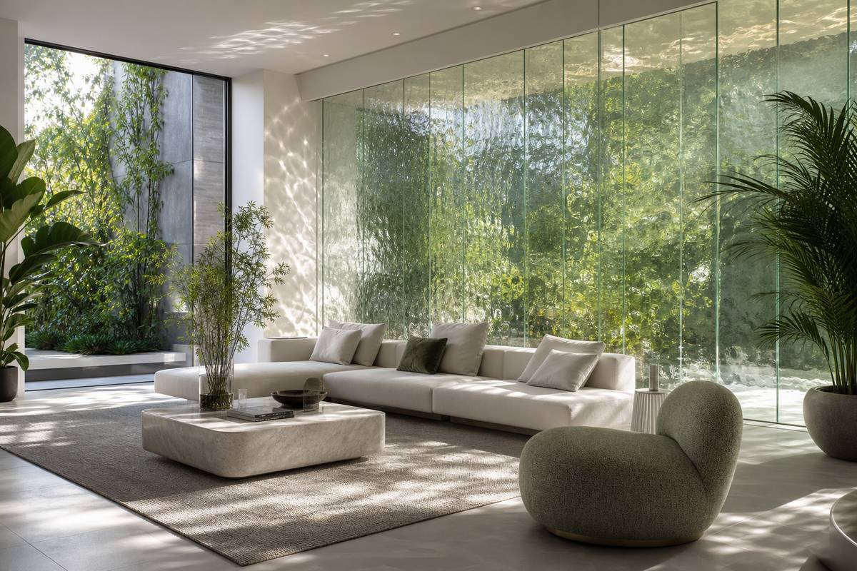 Mur en verre décoratif texturé dans un salon moderne avec plantes et lumière naturelle