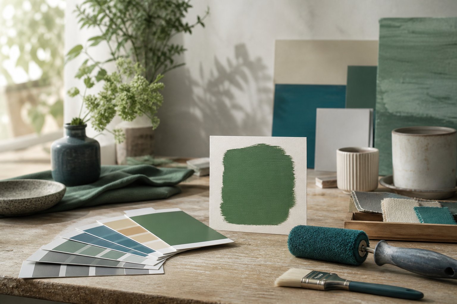 Echantillons de peinture avec nuancier de couleurs et pinceaux pour decoration interieure