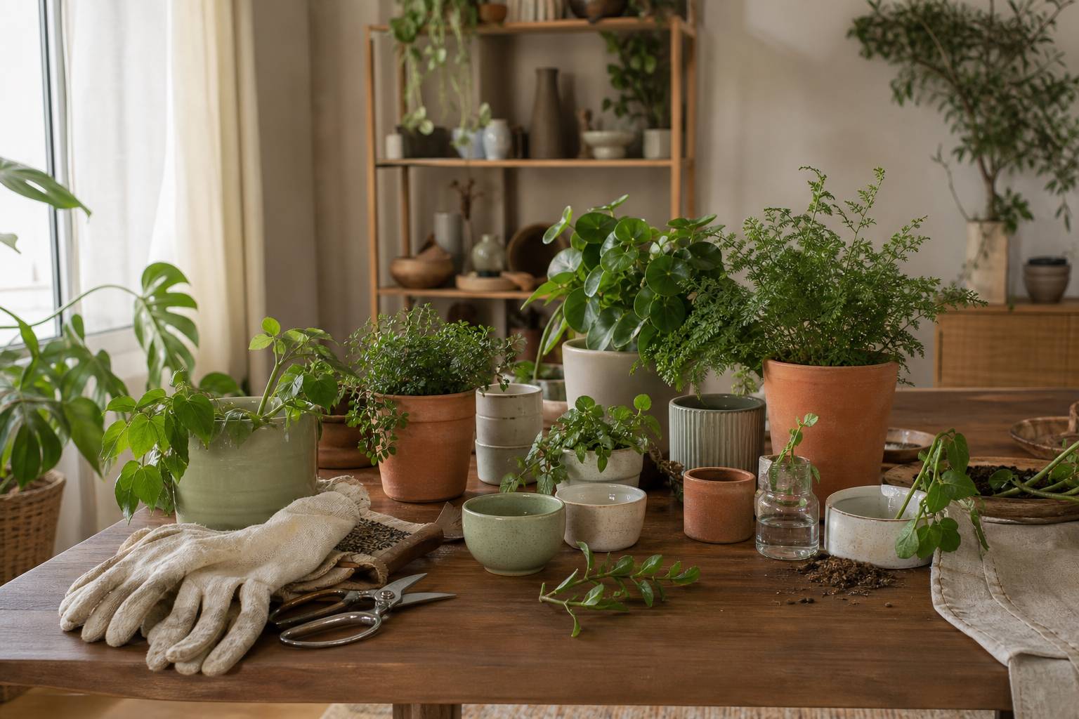 Outils de jardin et plantes en pots sur table bois composition naturelle