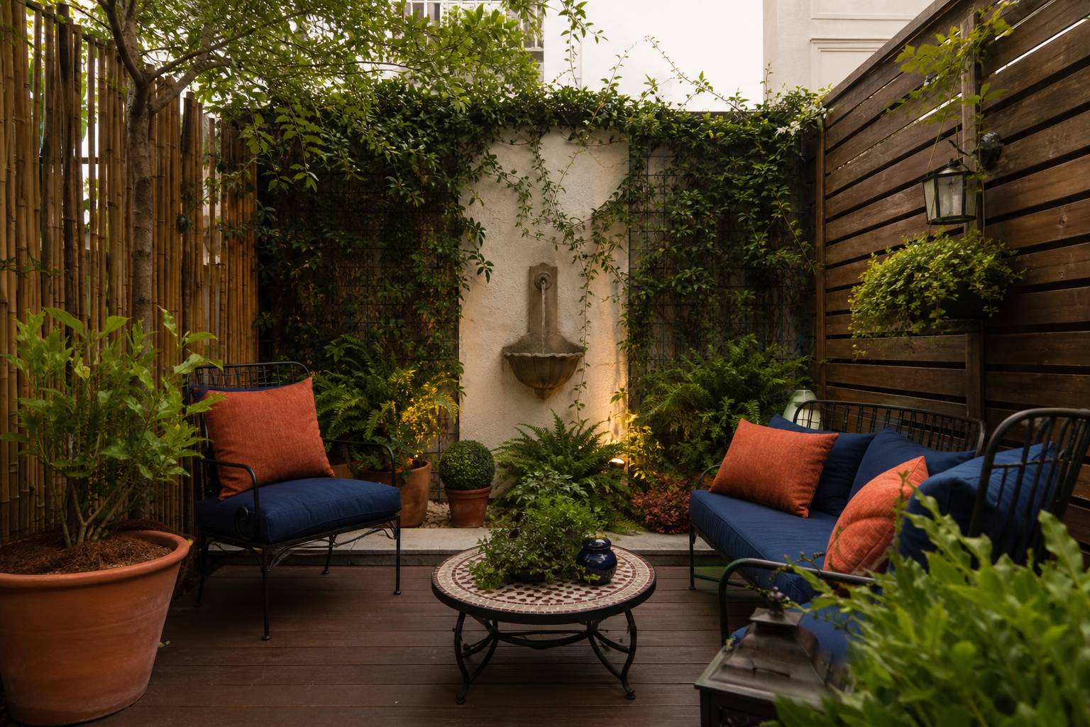 Patio de ville avec panneaux bambou intimite coussins chaises fer forge fontaine murale plantes grimpantes