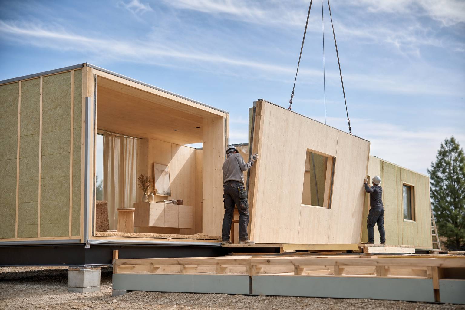 Ouvriers assemblant des panneaux de bois sur le chantier d une maison modulable PopUp House