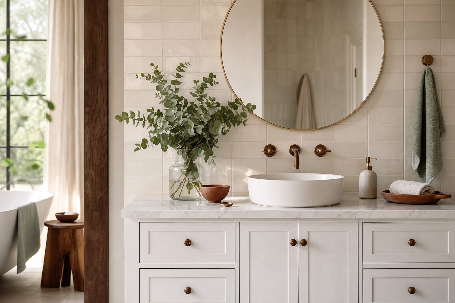 Vasque ceramique sur plan marbre avec miroir rond et eucalyptus frais