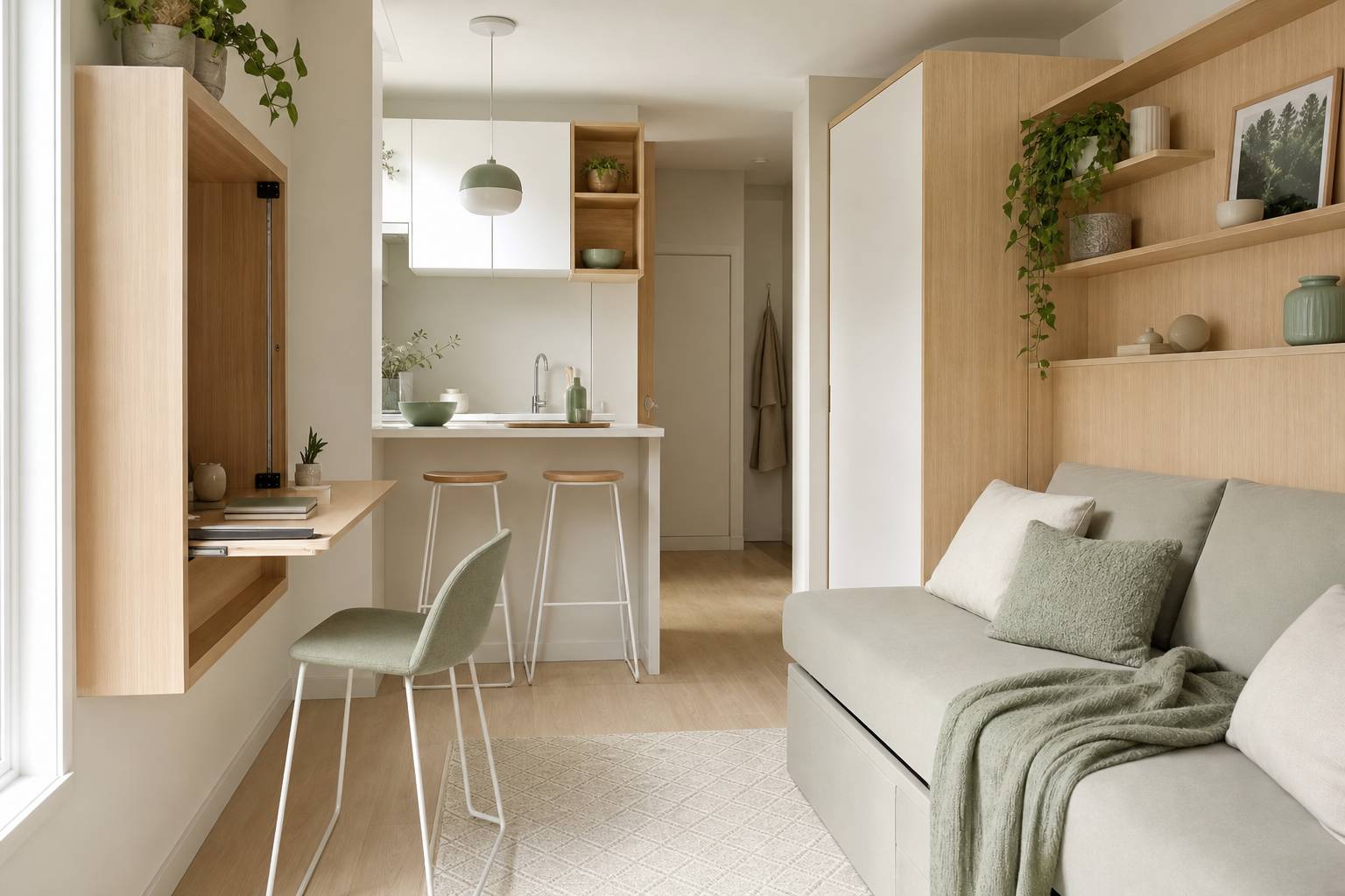Studio fonctionnel de moins de 10m² avec bureau escamotable mural et coin cuisine intégré