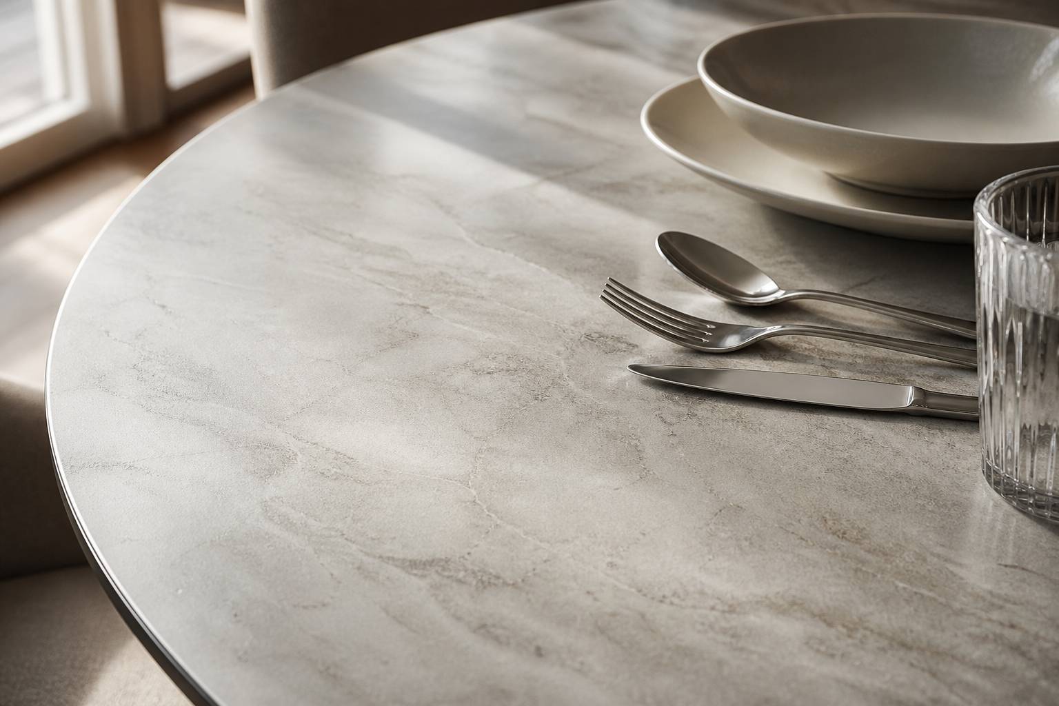 Gros plan surface table ceramique texture fini couverts poses lumiere laterale