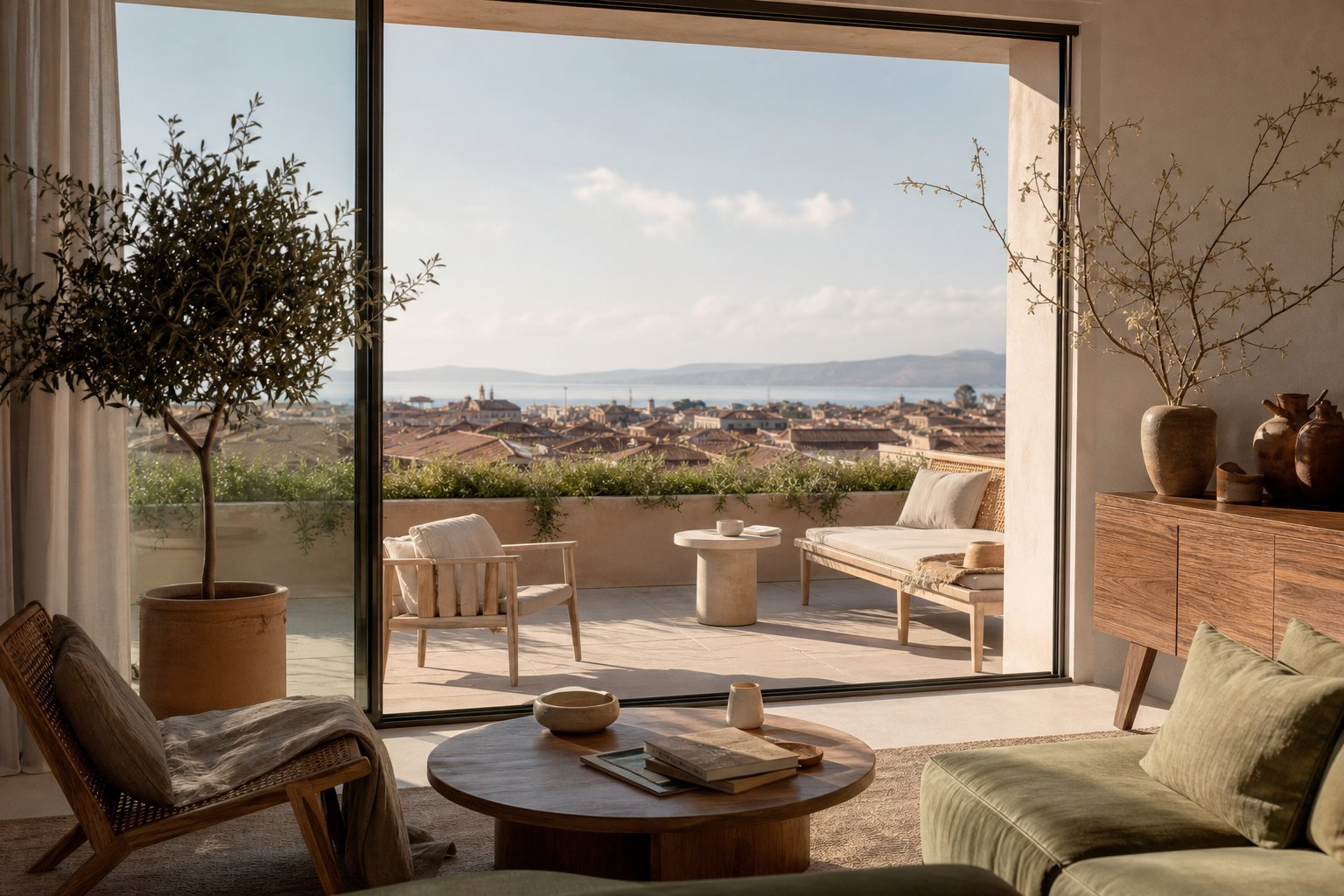 Terrasse amenagee surplombant un paysage mediterraneen