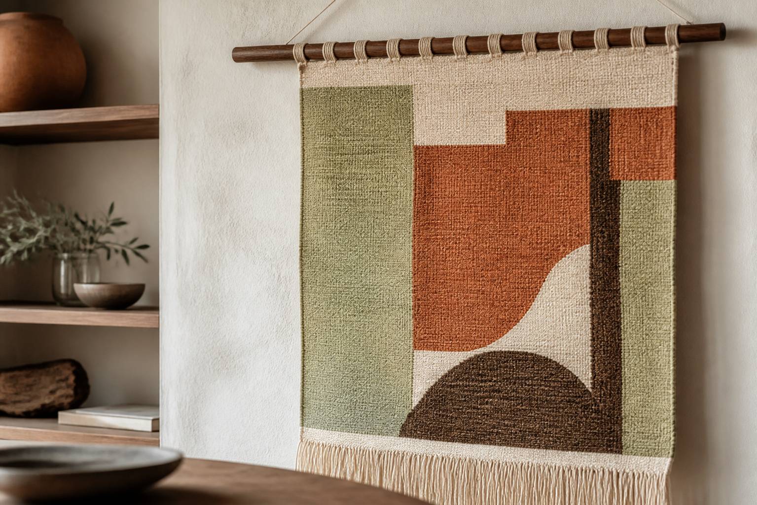 Tapis mural textile suspendu à une tringle avec détail du tissage
