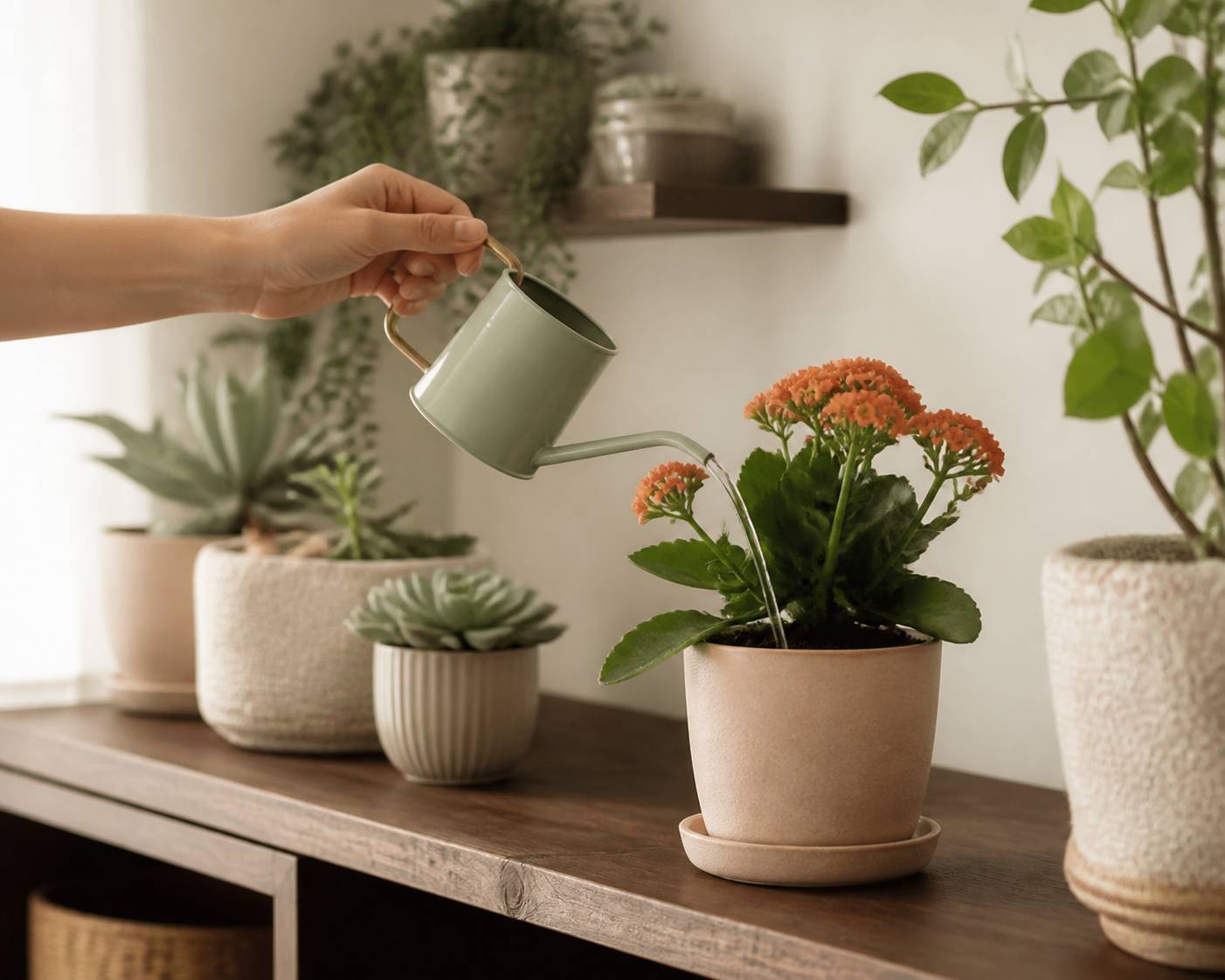 Main arrosant un Kalanchoé avec un petit arrosoir sur une étagère