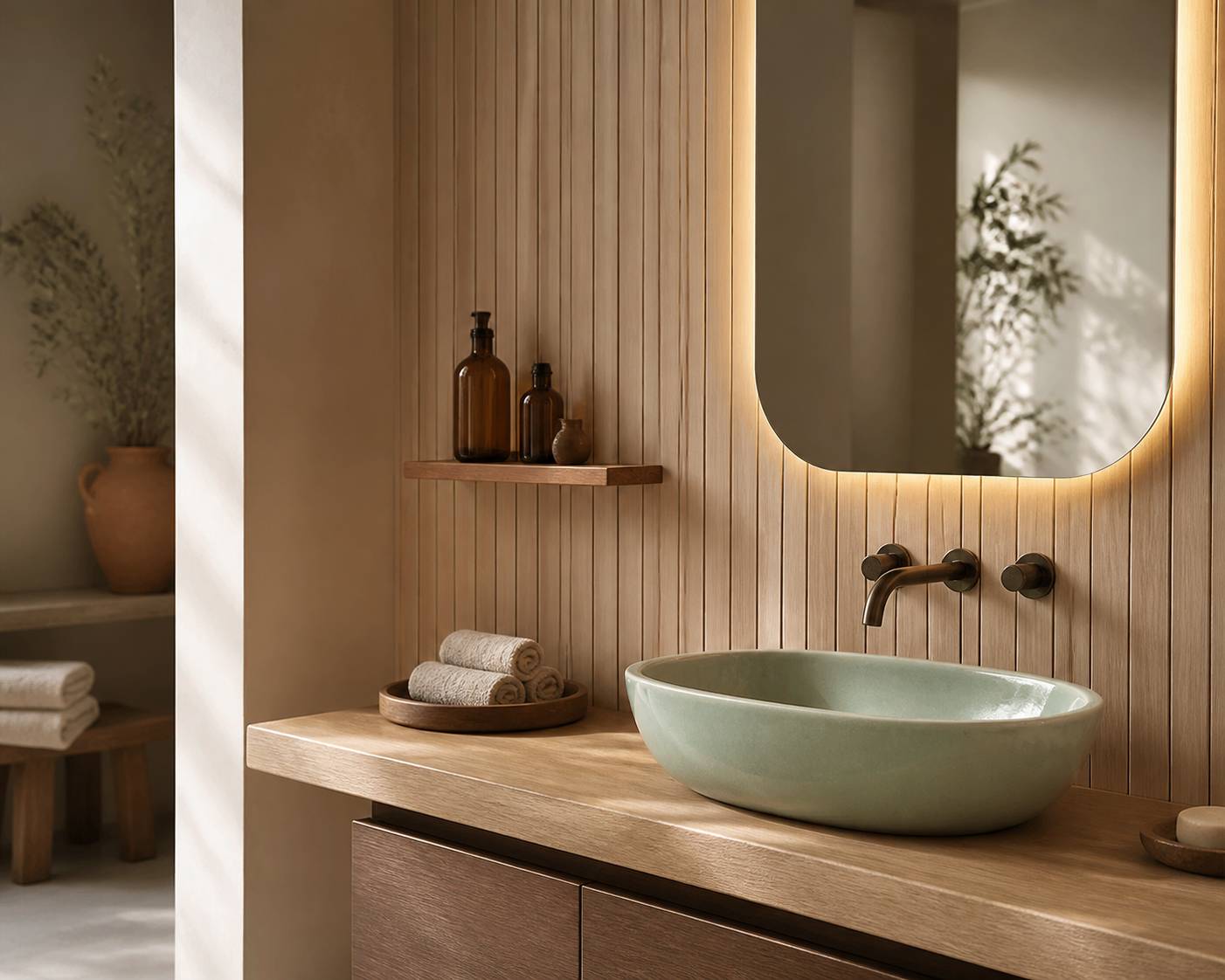 Panneau mural en lattes de bois clair avec miroir eclaire et serviettes roules dans une salle de bain