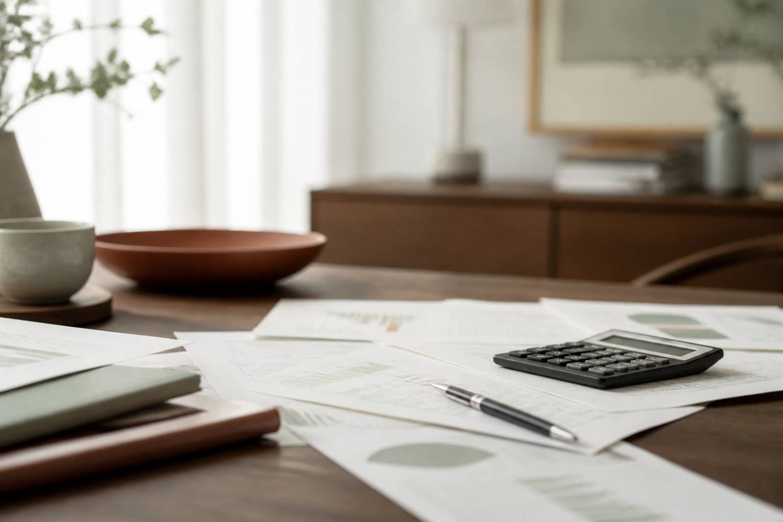 Documents bancaires sans texte lisible avec calculatrice et stylo sur un bureau en bois