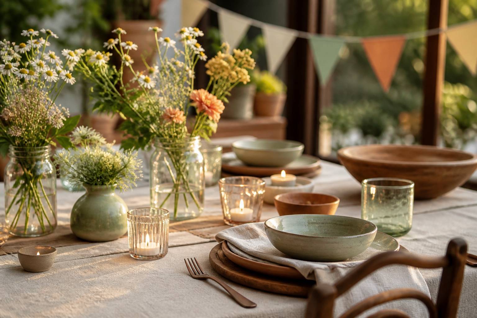 Table de jardin décorée de guirlandes et de fleurs