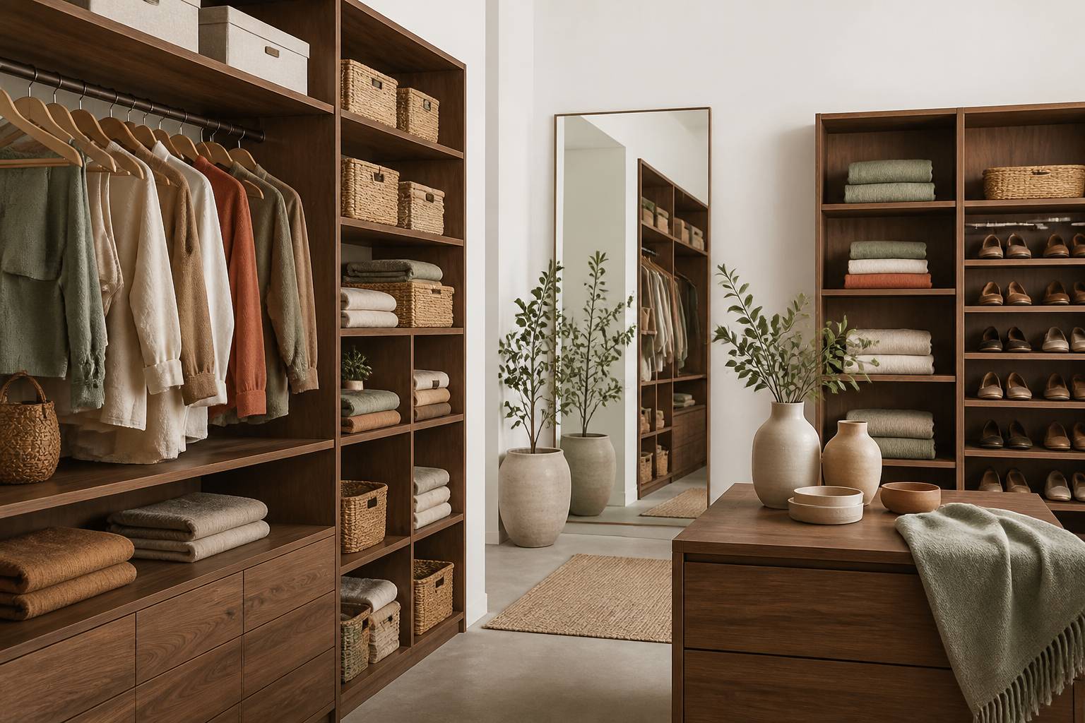 Rangement sur mesure avec paniers en osier et étagères à chaussures