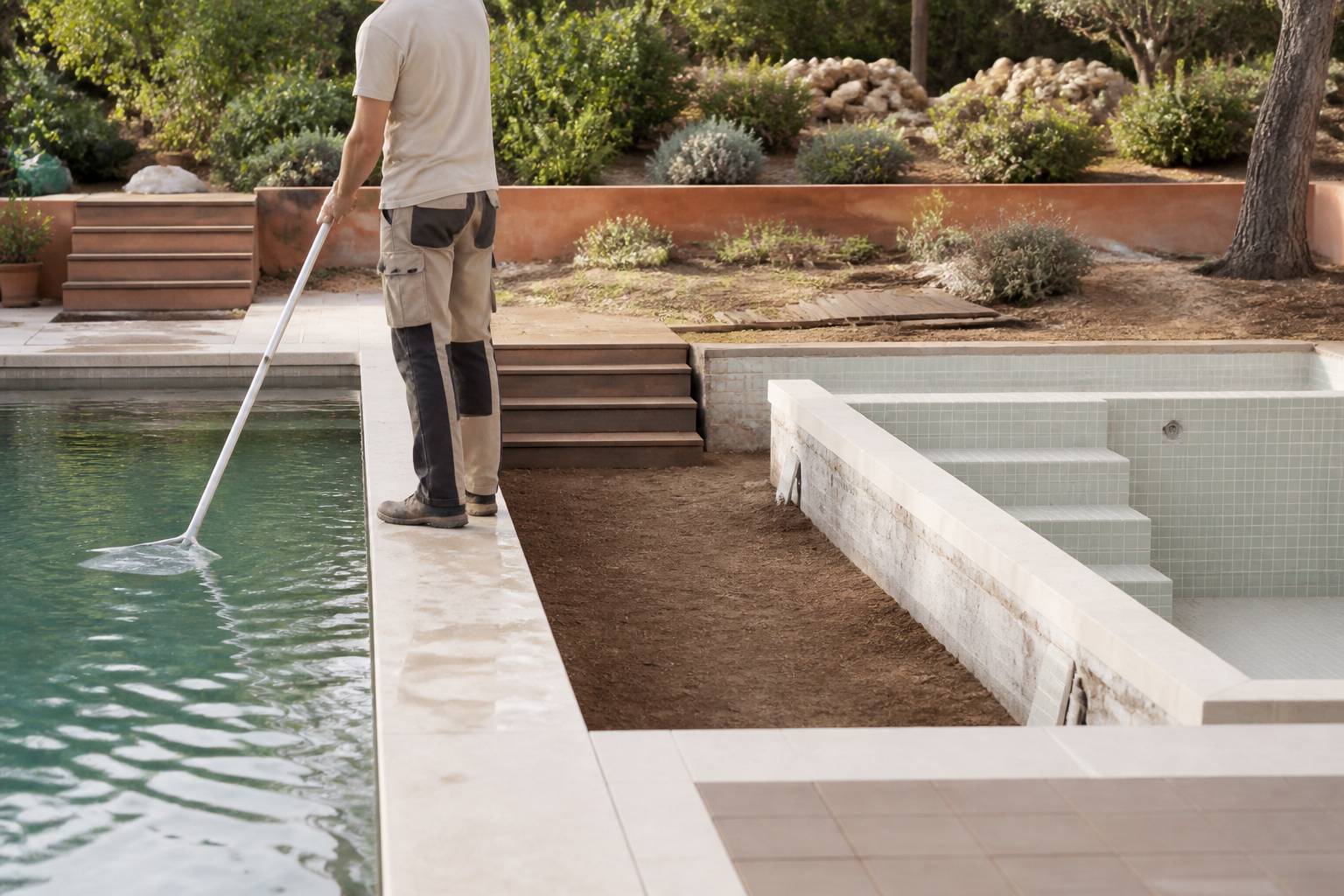 Piscinier vérifiant l'eau d'une piscine avec une épuisette