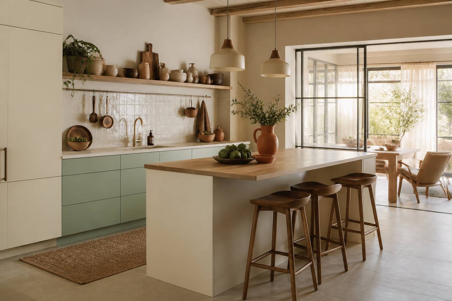 Îlot de cuisine semi-ouverte avec tabourets et rangements sobres