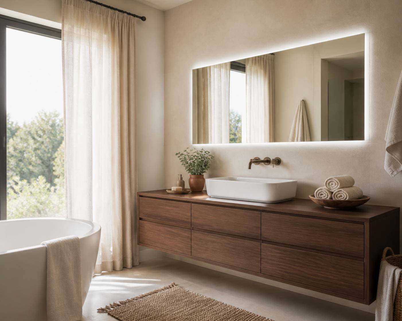 Meuble vasque avec miroir lumineux et rangements fermés