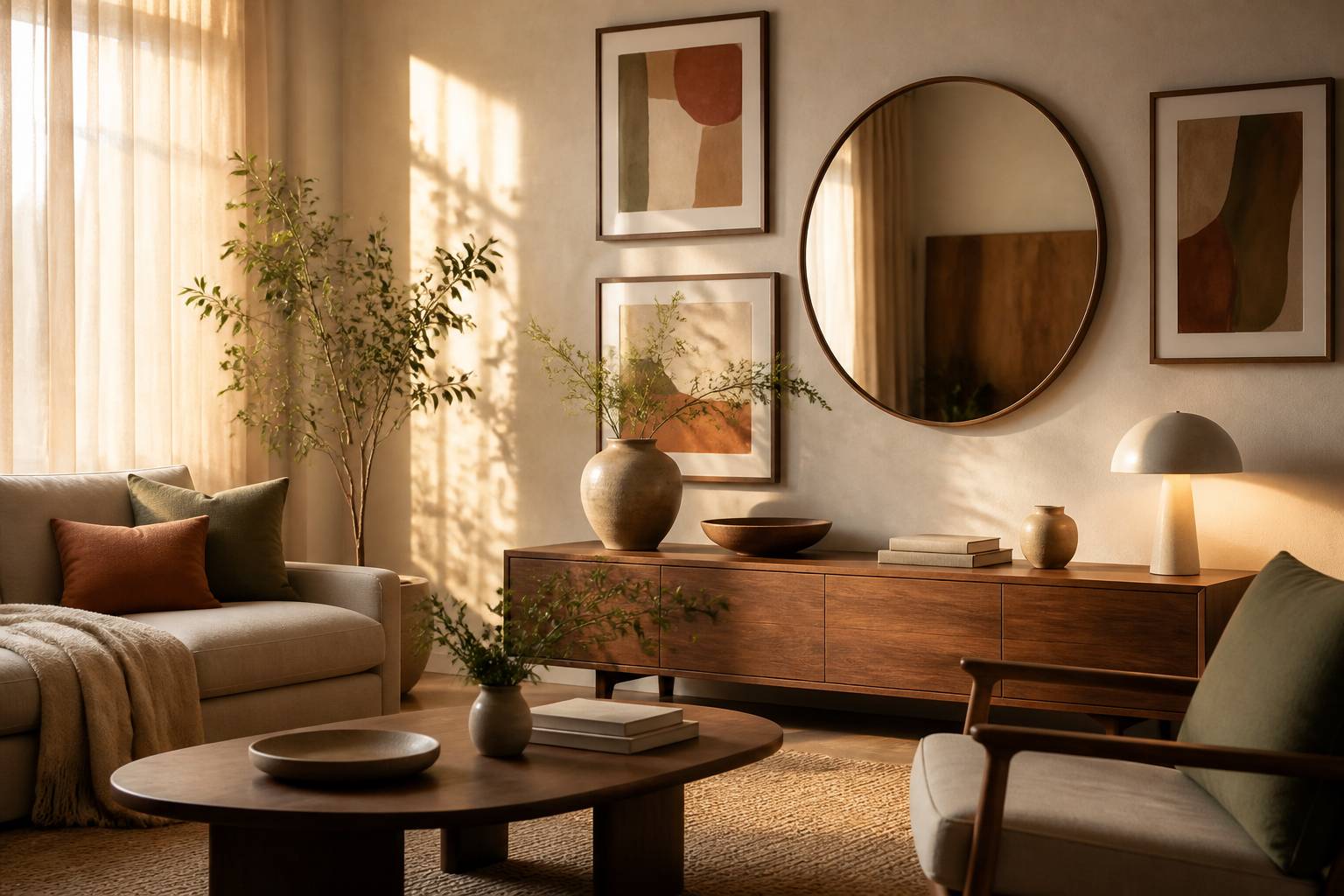 Mur de salon décoré de cadres et d'un grand miroir rond au-dessus d'une console