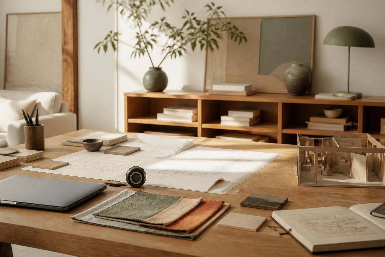 Plans vierges et échantillons de matériaux sur une table d'architecte