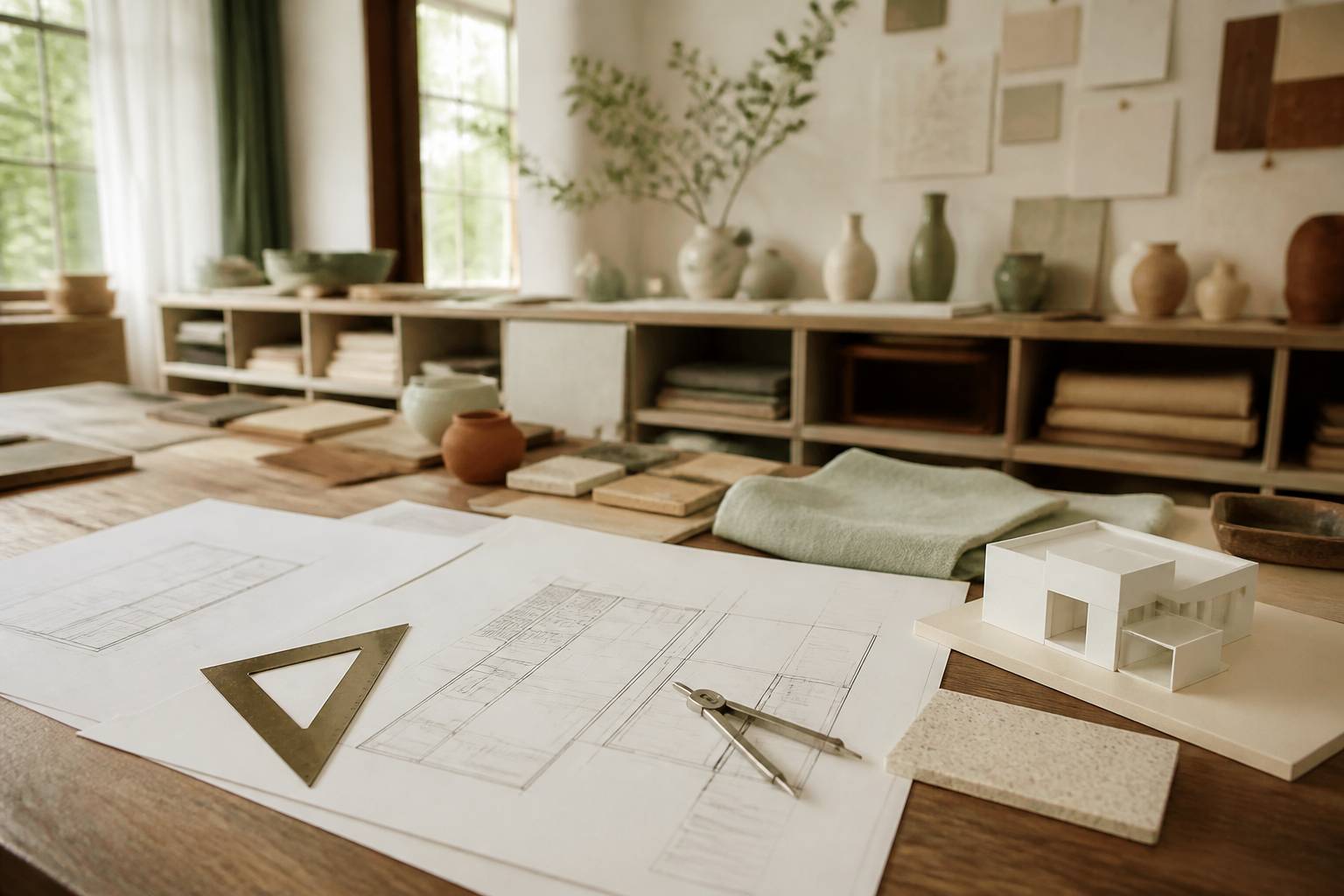 Plans techniques d'architecture avec équerre, compas et maquette de maison