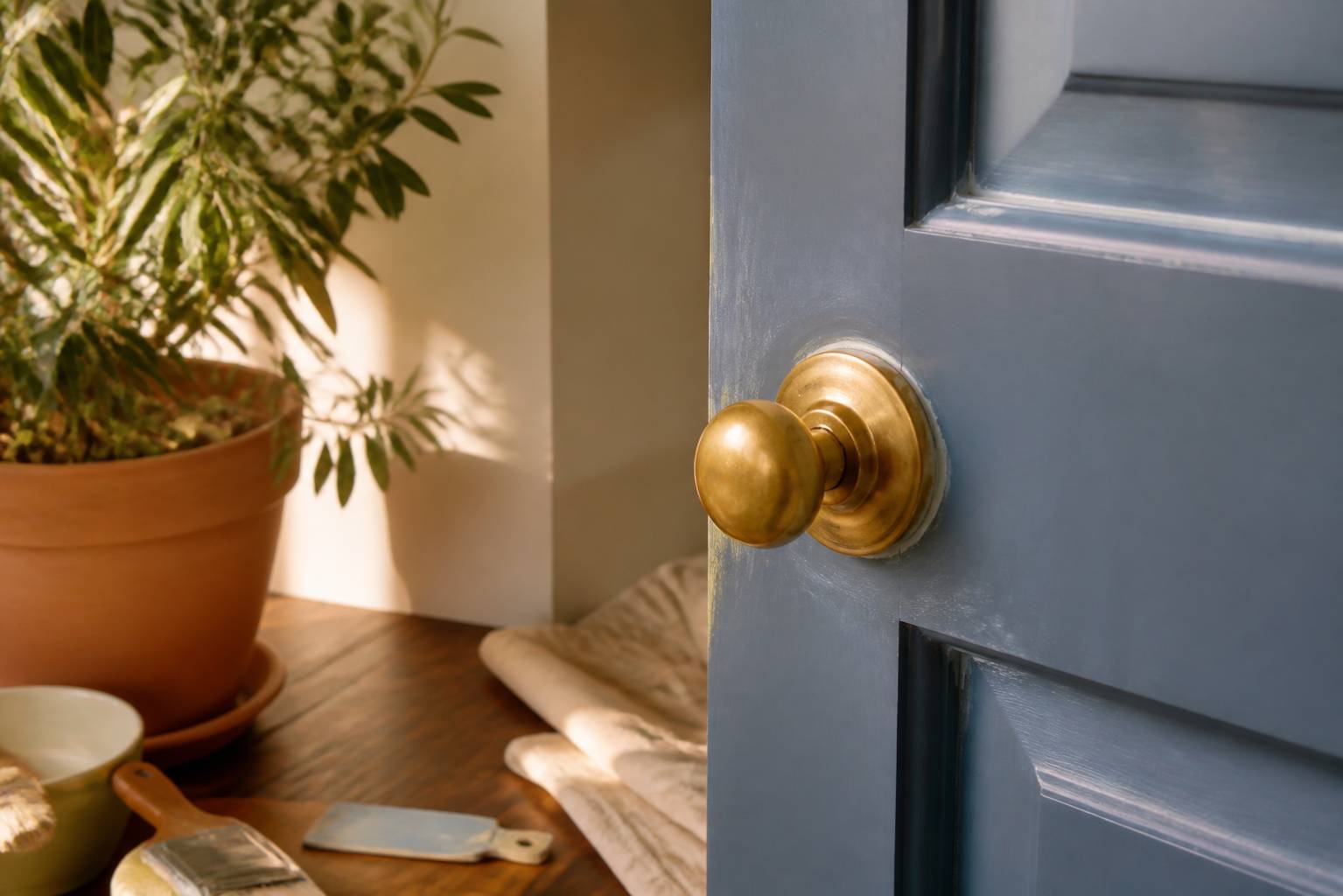 Poignée en laiton sur une porte bleue avec un pot en terre cuite et des plantes