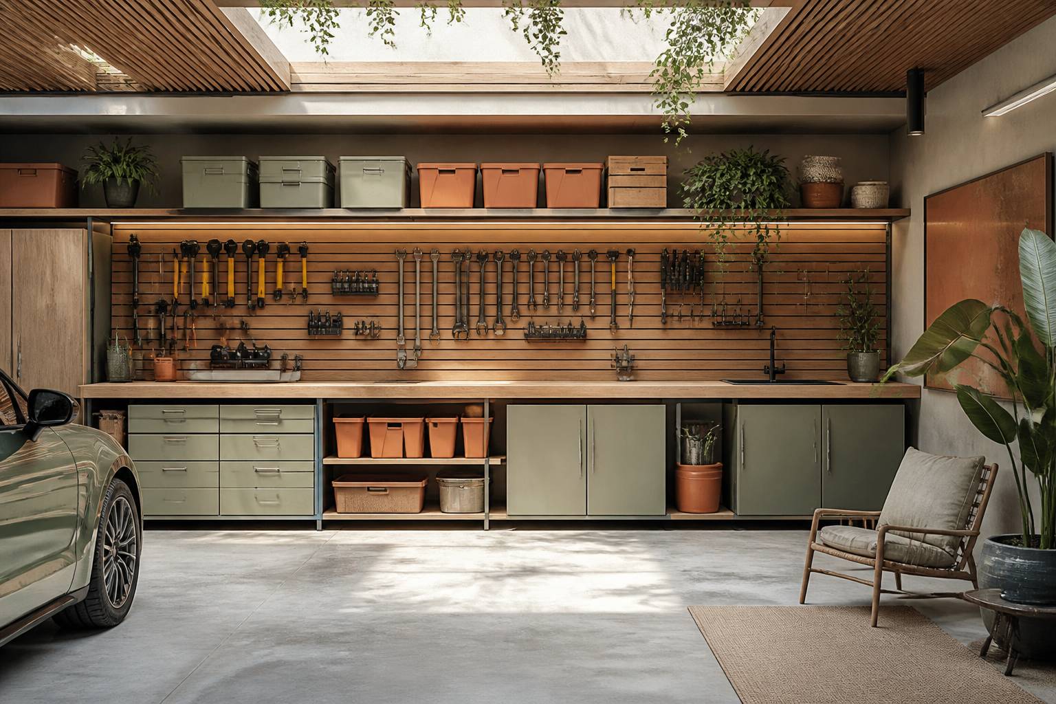 Panneau mural de rangement avec outils suspendus et boîtes de rangement