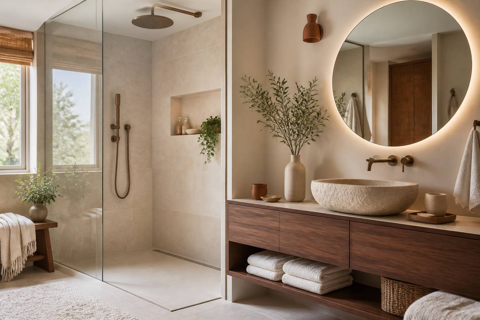 Salle d'eau rénovée avec douche à l'italienne et vasque en pierre