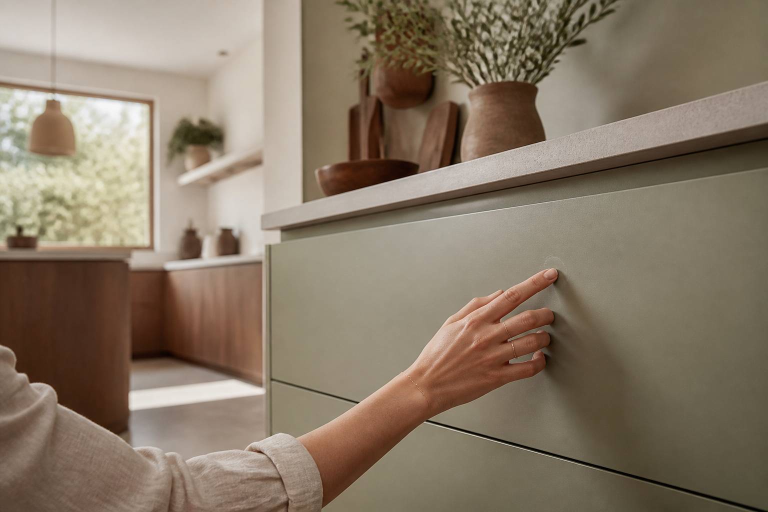 Main effleurant une surface Fenix mat sans reflet dans une cuisine