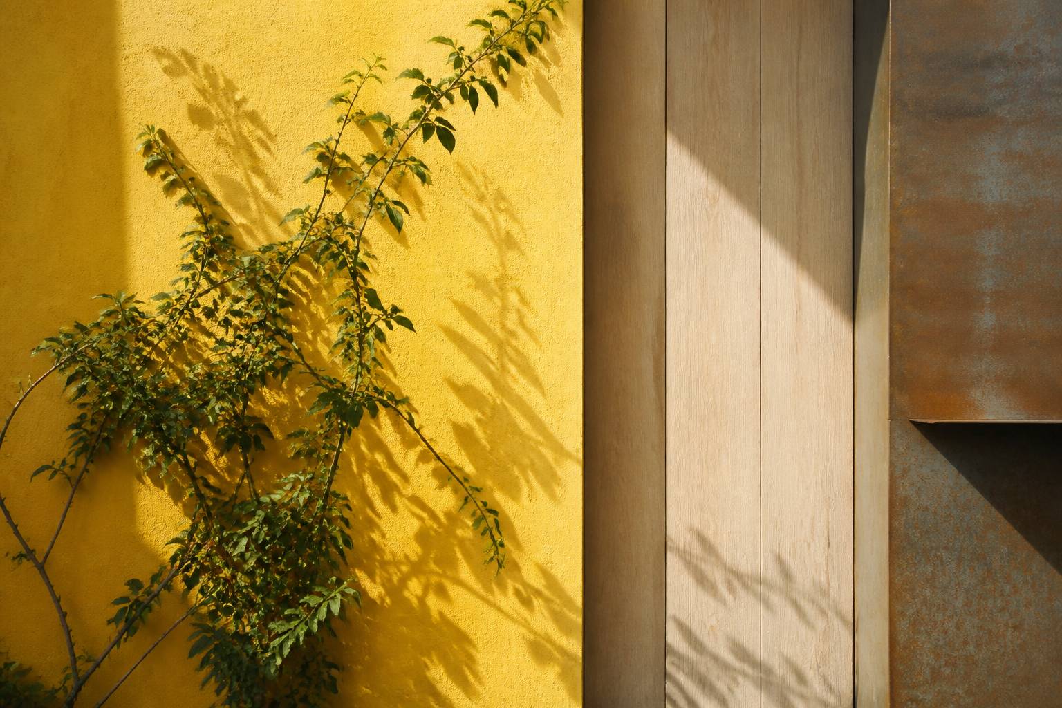 Texture de façade jaune avec bardage bois et métal patiné