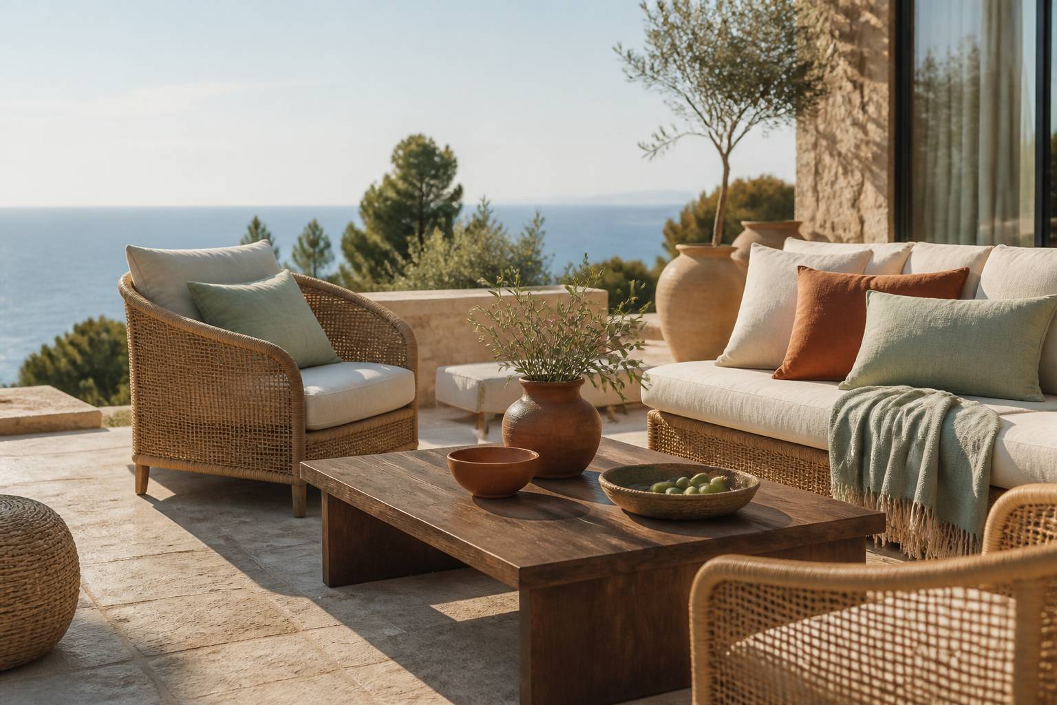 Terrasse en pierre avec fauteuils en rotin et vue sur la mer