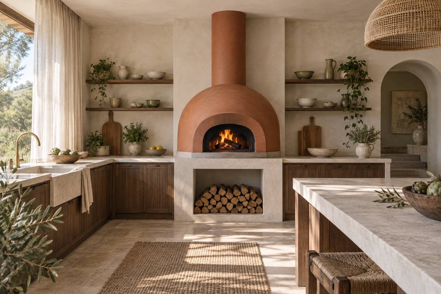 Illustration éditoriale du sujet : Décorer une cuisine autour du four à pizza : matières, reflets et murs
