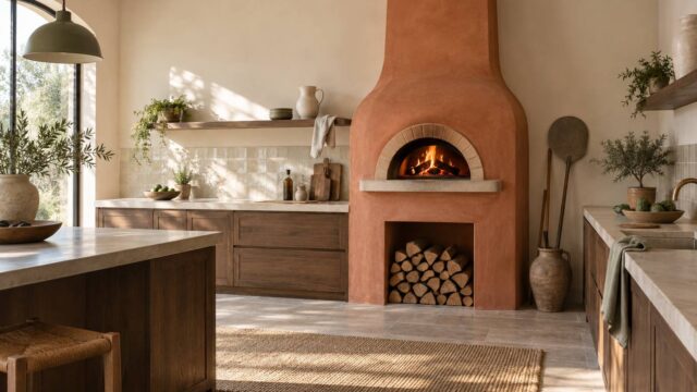 Décorer une cuisine autour du four à pizza : matières, reflets et murs
