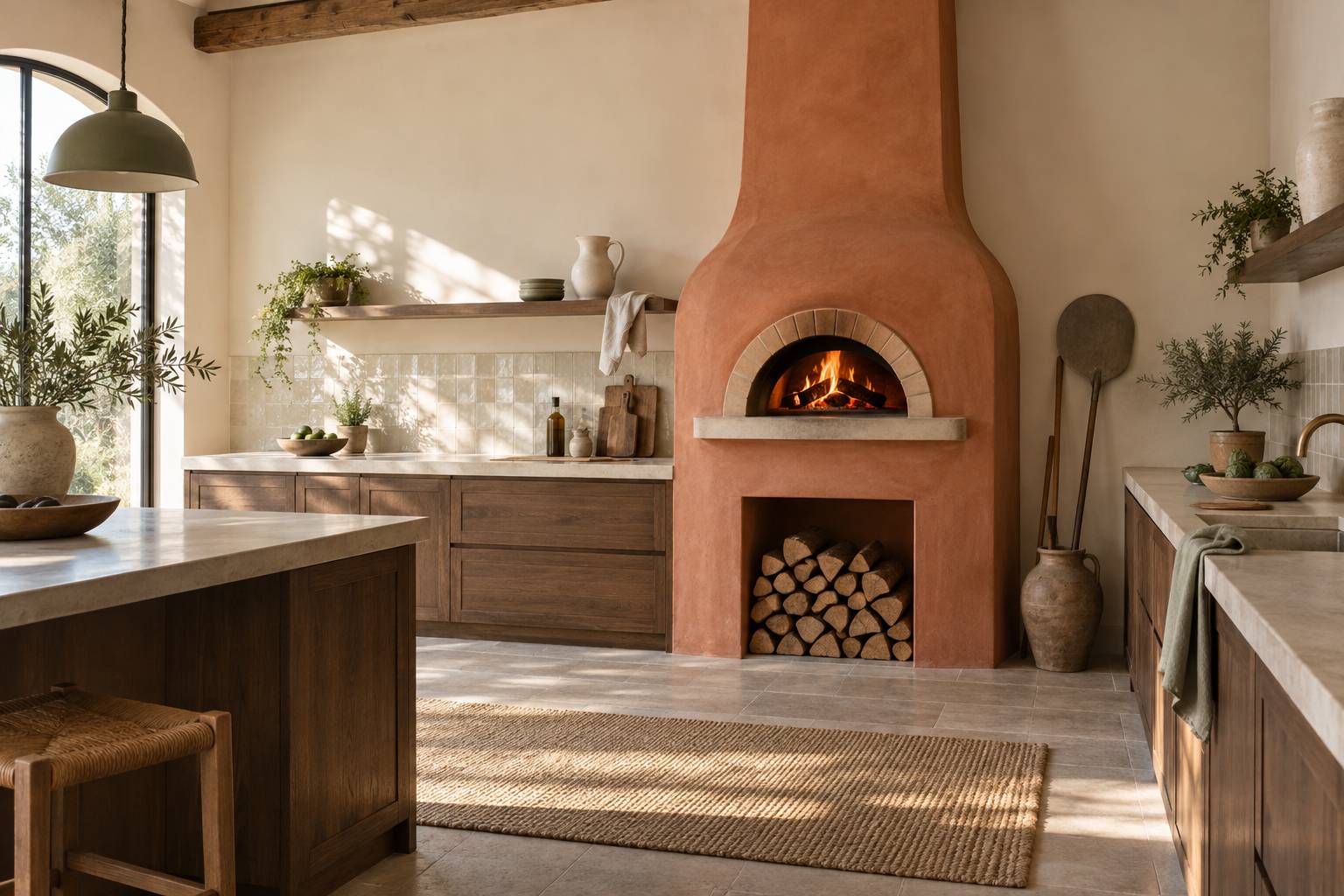 Décorer une cuisine autour du four à pizza : matières, reflets et murs