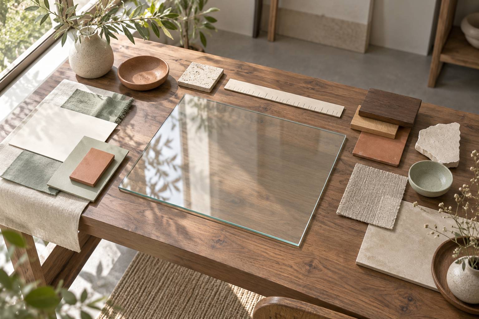 Plaque de verre transparente avec reflet doux et echantillons de supports