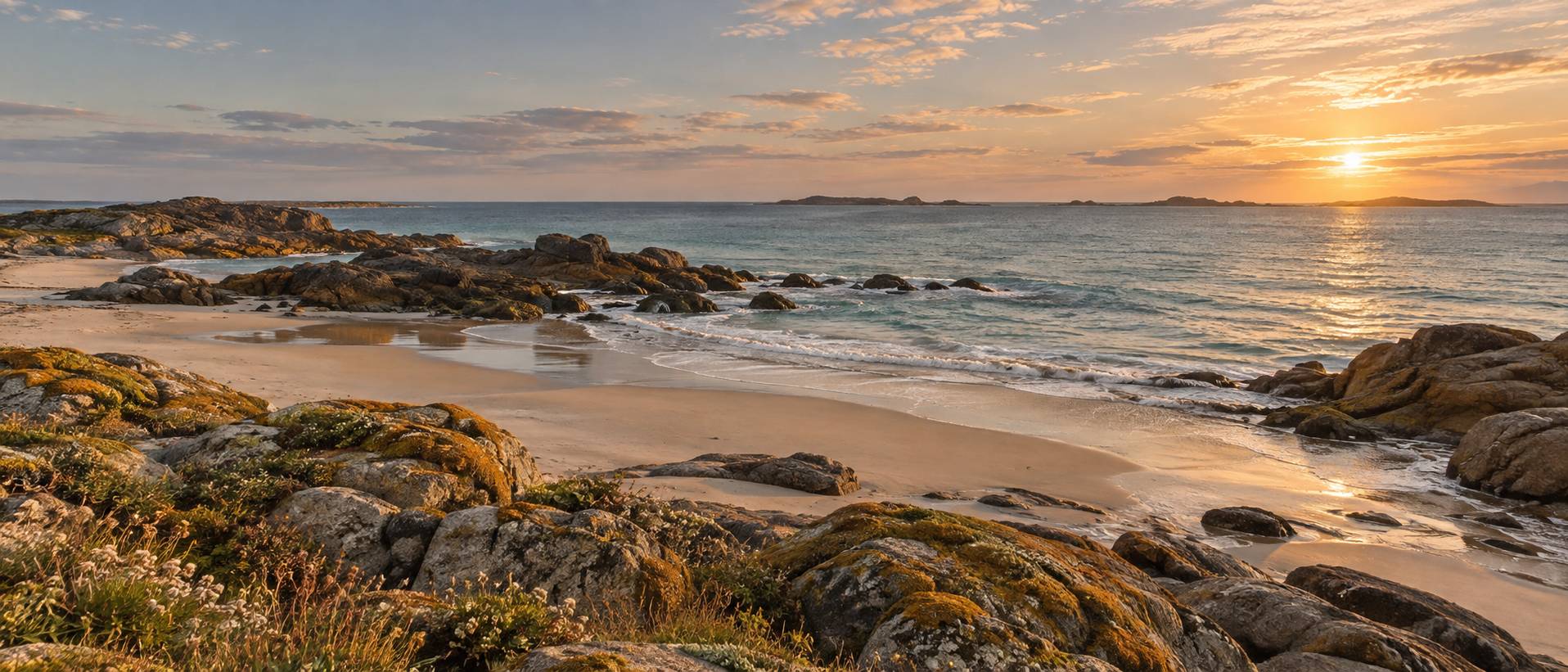 Littoral naturel avec pierres moussues et eau calme