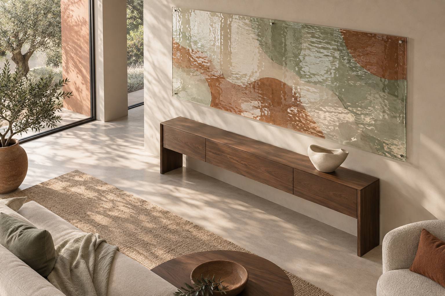 Panneau de verre décoratif avec reflets sur un mur clair