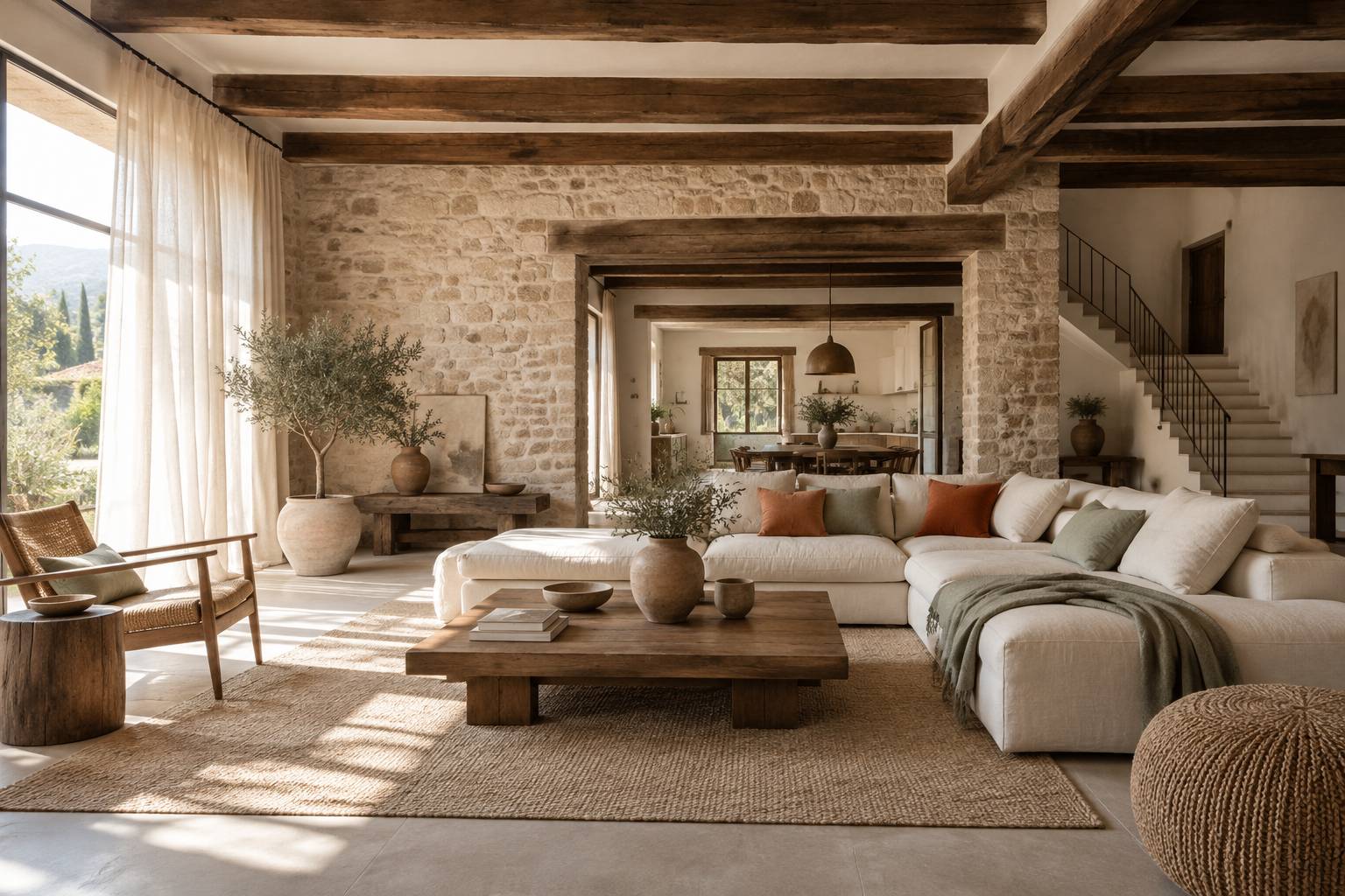 Intérieur de maison traditionnelle rénovée avec poutres et pierre apparentes