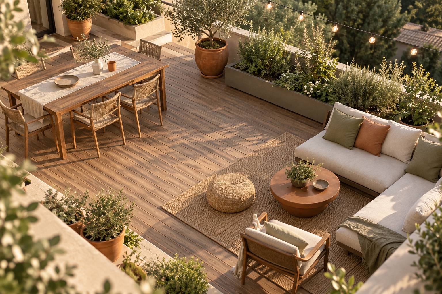 Terrasse en bois aménagée en coin repas et coin détente avec plantes