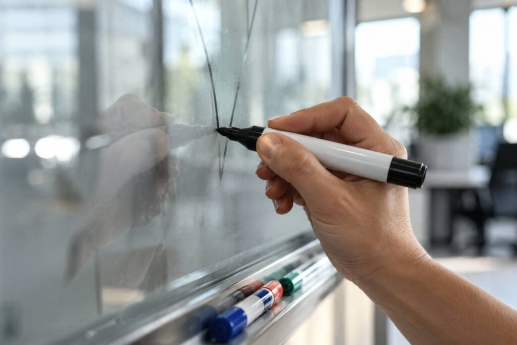 Plan de détail illustrant le sujet de l'article : Tableau en verre pour écrire : quels feutres utilisent les pros