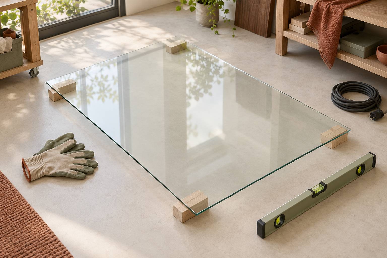 Panneau de verre posé à plat sur des cales dans un atelier de pose avec outils