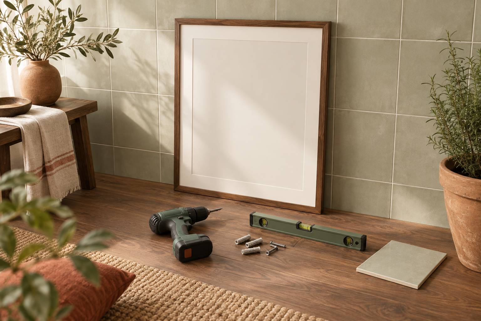 Tableau en verre et outils de fixation devant un mur carrelé