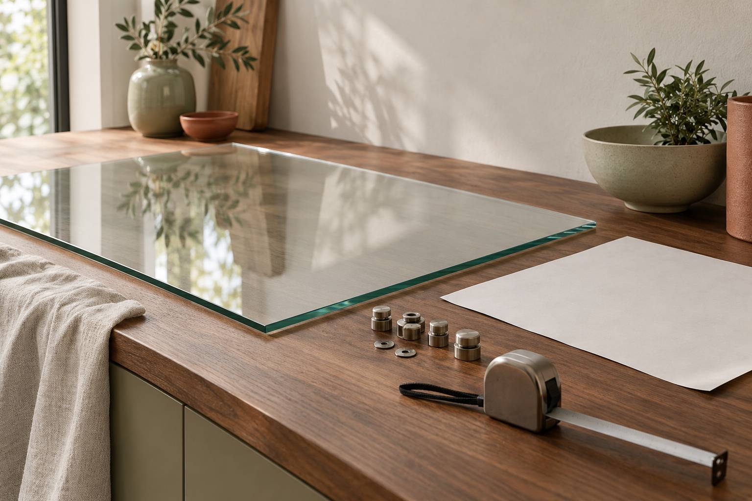 Tableau en verre trempe pose avant fixation avec gabarit et fixations