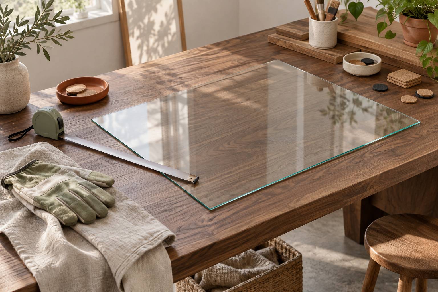 Plaque de verre trempé sur un établi avec accessoires de pose