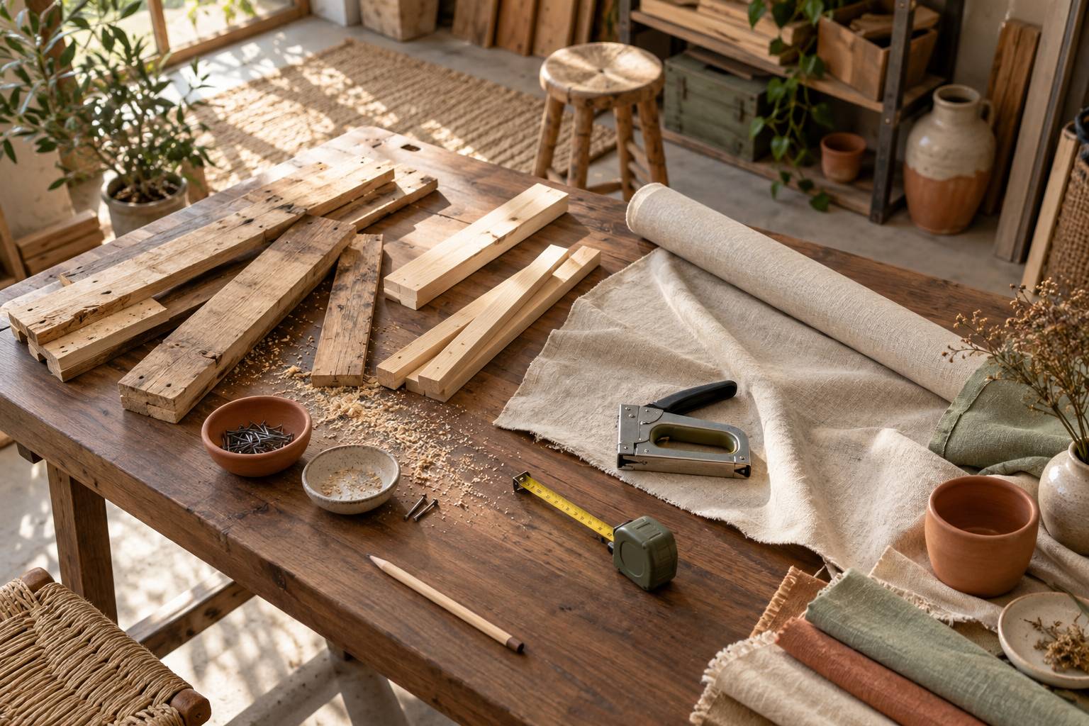 Materiaux de bricolage pour une tete de lit DIY sur un etabli, tissu et tasseaux